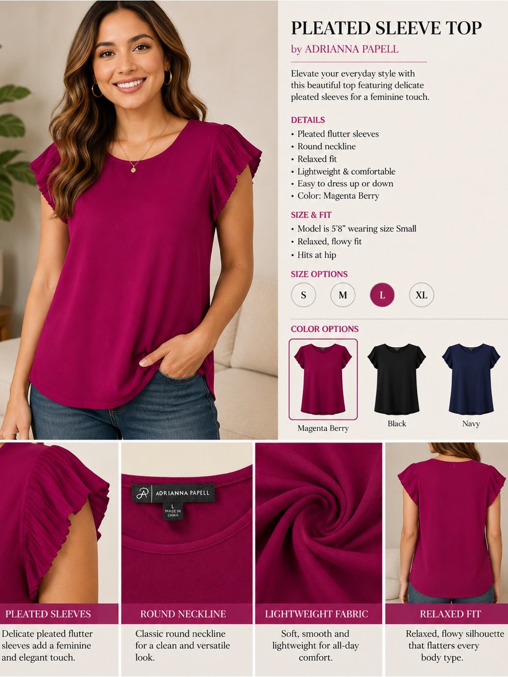 Adrianna Papell Magenta Berry Pleated Flutter Sleeve Top